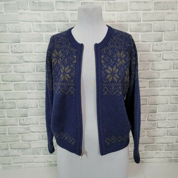 Vintage 90s Y2K Gap Size M Blue Wool Full Zip Cardigan Sweater Snowflake Pattern - Picture 2 of 7